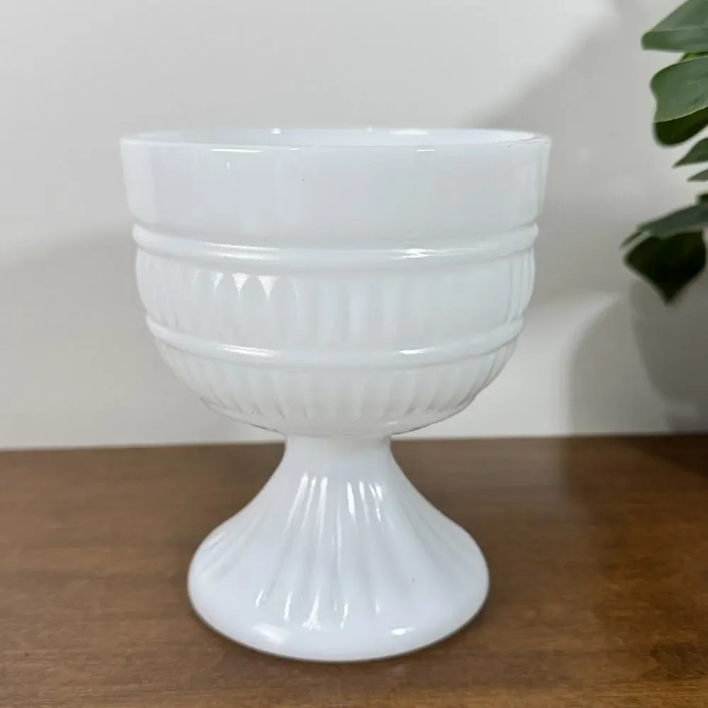 Vintage Milk Glass Pedestal Vase Ribbed Compote Bowl White Mid Century Modern